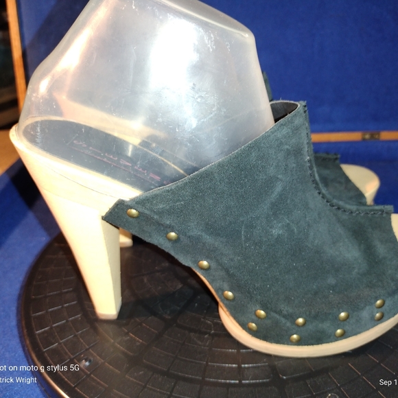 Steve Madden Barc Black Suede Leather Open Toe 5" High Wooden Clog Heels-Sz. 10B - Picture 6 of 10